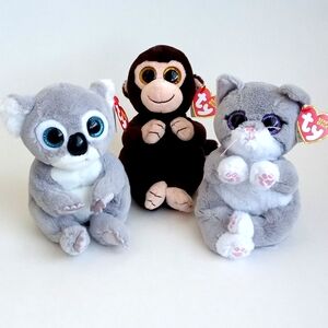 TY Plush Toy Set Of 3 Stuffed Animals: Gray Koala, Brown Monkey, Gray Cat NWT